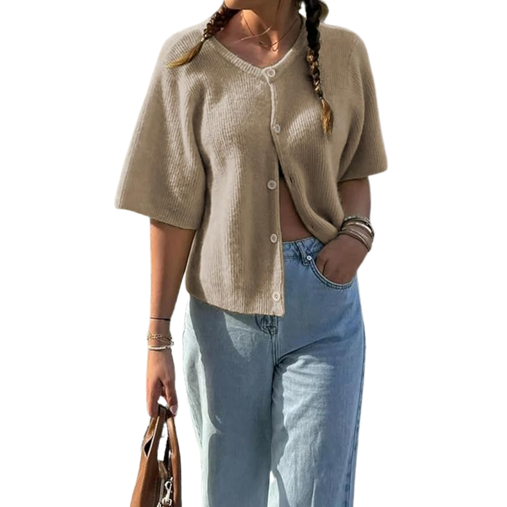 Short Sleeve Button-Up Knit Cardigan
