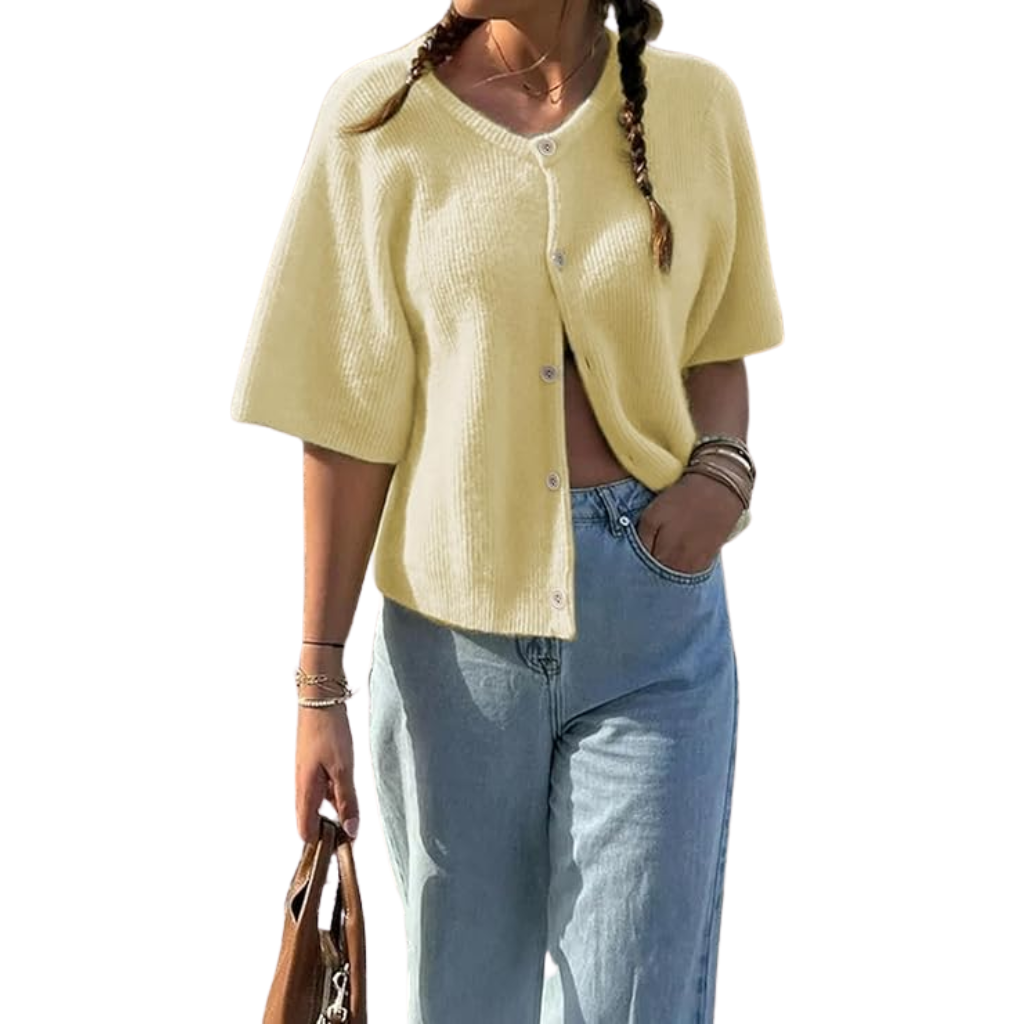 Short Sleeve Button-Up Knit Cardigan