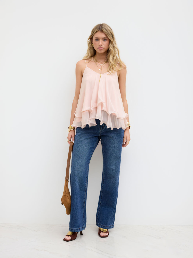 Ruffle Hem Knotted Layered Mesh Cami Top