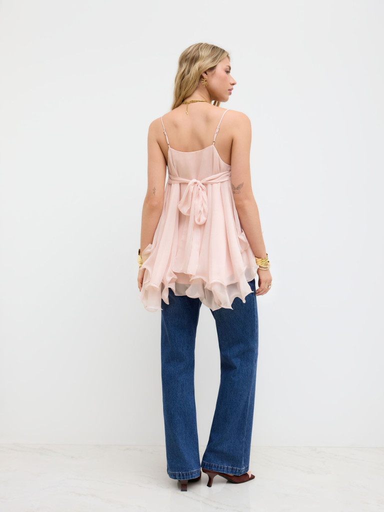 Ruffle Hem Knotted Layered Mesh Cami Top
