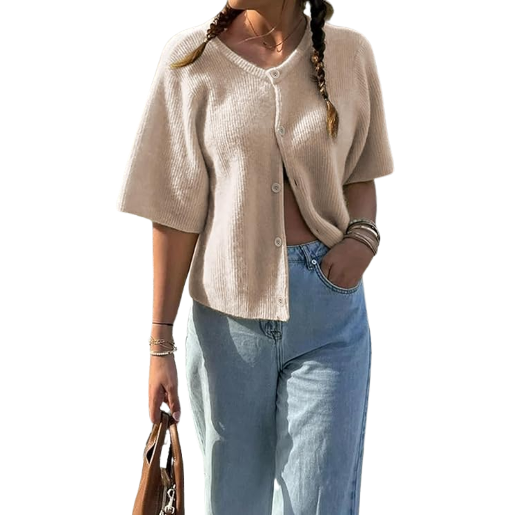 Short Sleeve Button-Up Knit Cardigan