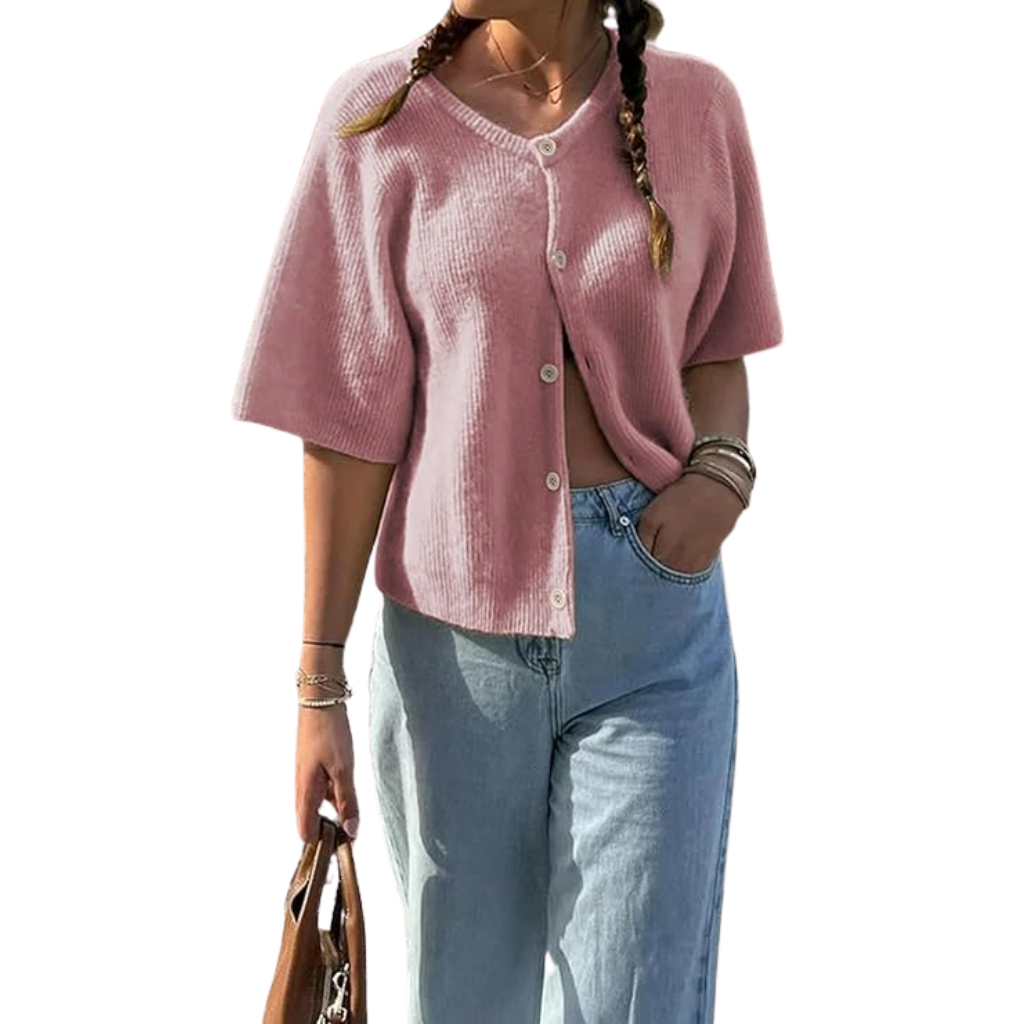 Short Sleeve Button-Up Knit Cardigan