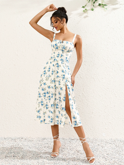 Floral Ruched Bust Split Thigh Cami Dress