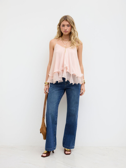 Ruffle Hem Knotted Layered Mesh Cami Top