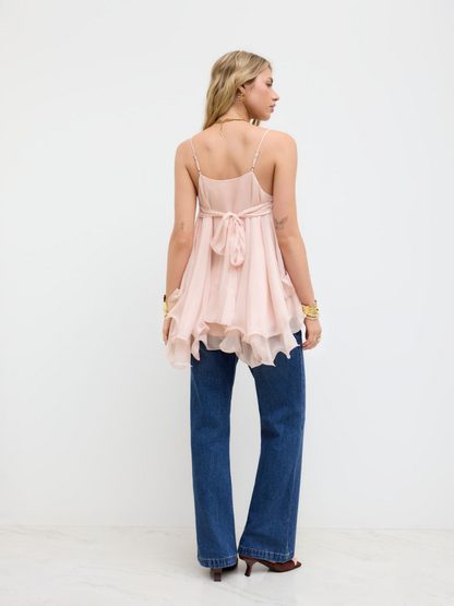 Ruffle Hem Knotted Layered Mesh Cami Top